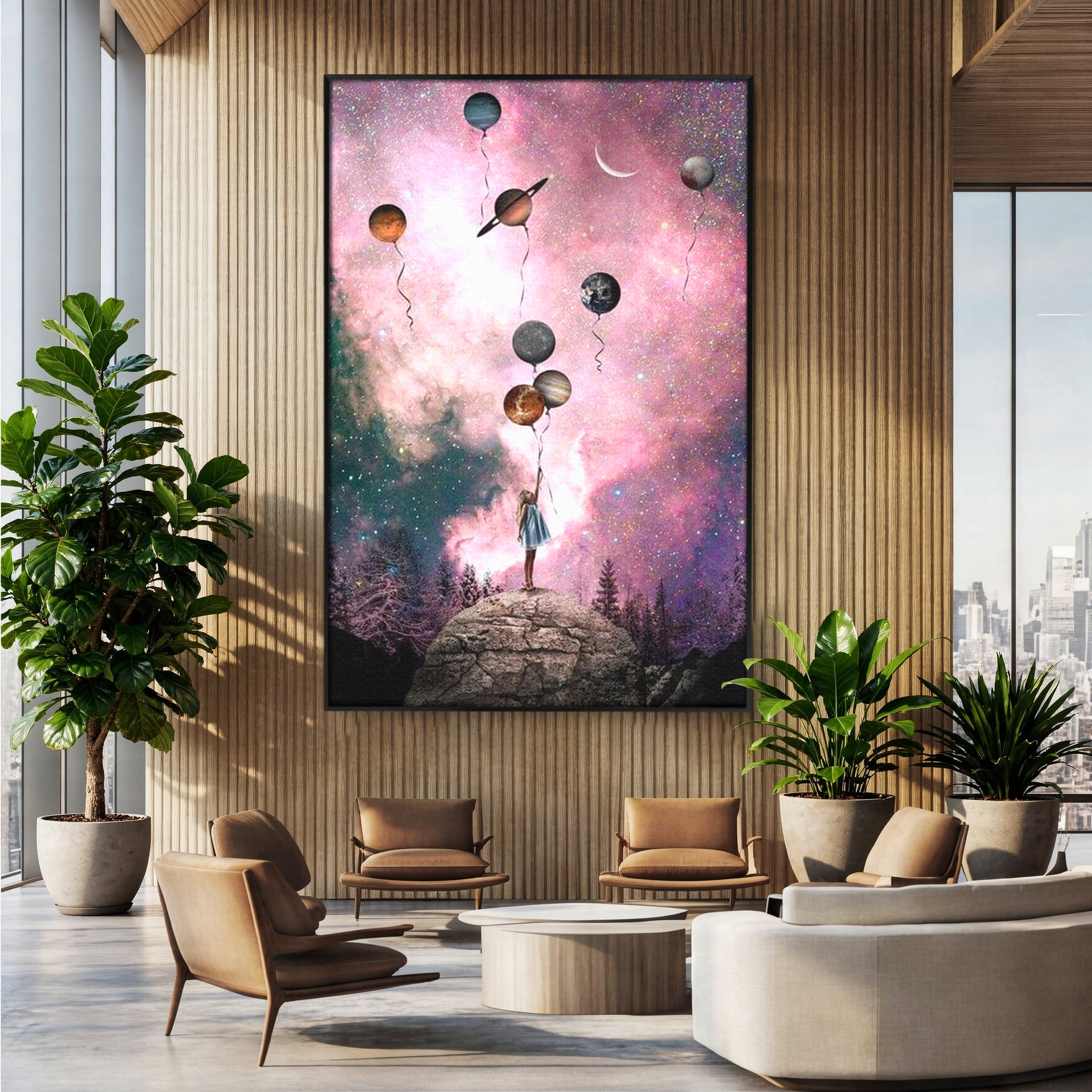 Tablou canvas cu ilustratie fetita tinand baloane planete, in rama de aluminiu negru, pe perete intr-un birou